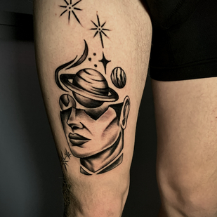 Male Black  tattoo on Thigh #86334 | Tattoo Artist Anton Deyhin