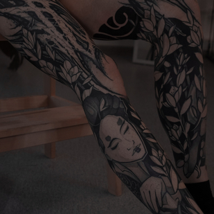 Male Black Graphic tattoo on Leg #87146 | Tattoo Artist Danila Morozov