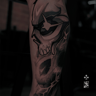 Male Black Graphic tattoo on Shin #87145 | Tattoo Artist Danila Morozov
