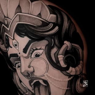 Female Black and Grey Graphic tattoo on Thigh #87153 | Tattoo Artist Danila Morozov