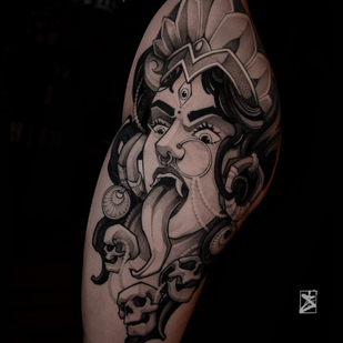 Female Black and Grey Graphic tattoo on Thigh #87163 | Tattoo Artist Danila Morozov