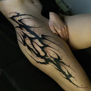 Female Black Lettering tattoo on Leg #87025 | Tattoo Artist Denis Piligrim