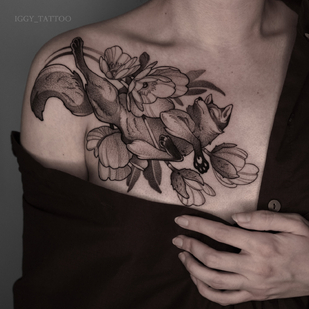 Female Black Graphic tattoo on Breast #87232 | Tattoo Artist Igor Hacayuk