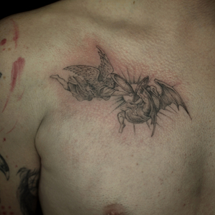 Male Black Graphic tattoo on Breast #84845 | Tattoo Artist Kristina Suhushina