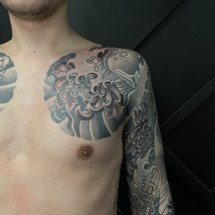 Male Black and Grey Japanese tattoo on Bodysuit #87261 | Tattoo Artist Odincov Egor