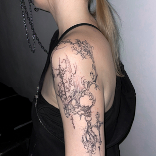 Female Black Whipshading tattoo on Shoulder #87121 | Tattoo Artist Olga Glotova