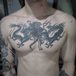 Male Black Japanese tattoo on Breast #86153 | Tattoo Artist Roma Dober
