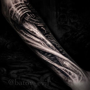 Female Black and Grey Bio-organic tattoo on Forearm #85091 | Tattoo Artist Sergey Batov