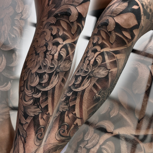 Female Black and Grey Graphic tattoo on Leg #87841 | Tattoo Artist Sergey Martynov