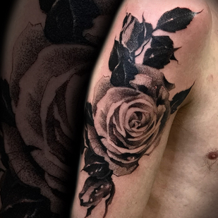 Male Black and Grey Graphic tattoo on Shoulder #87845 | Tattoo Artist Sergey Martynov