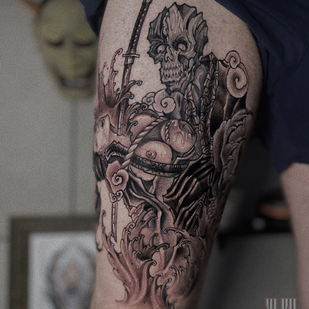 Male Black and Grey Japanese tattoo on Thigh #85789 | Tattoo Artist Yuliy Monro