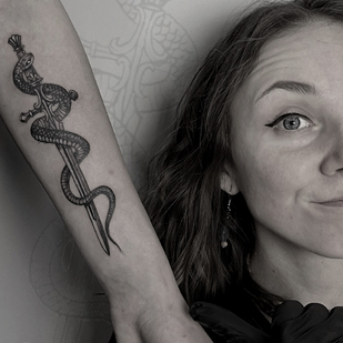 Female Black and Grey Graphic tattoo on Forearm #93474 | Tattoo Artist Perforator Tattoo Studio