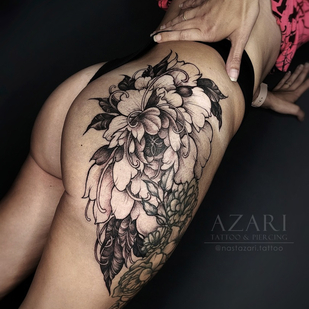 Female Black Women's tattoo on Thigh #91282 | Tattoo Artist Anastasiya Azari
