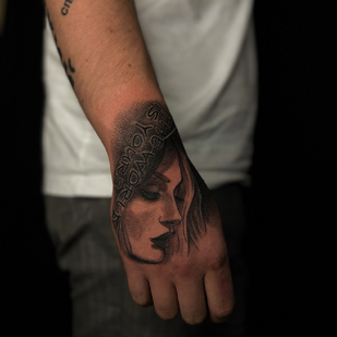 Male Black and Grey Graphic tattoo on Palm #91379 | Tattoo Artist Dmitriy Minaev