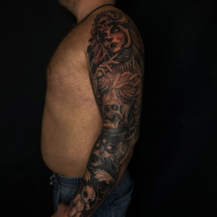 Male Black and Grey Graphic tattoo on Sleeve #91385 | Tattoo Artist Dmitriy Minaev