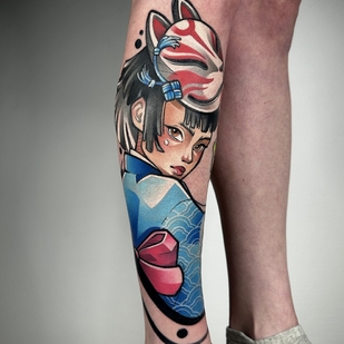 Female Color New School tattoo on Shin #92504 | Tattoo Artist Smirnova Ulyana