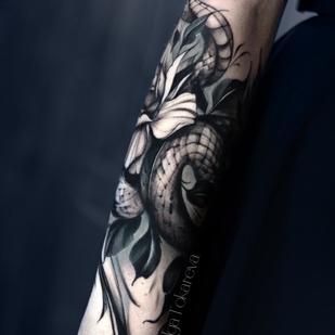 Female Black and Grey Graphic tattoo on Forearm #101884 | Tattoo Artist Olga Tokareva