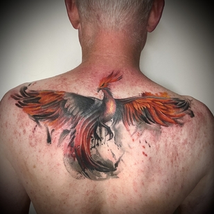 Male Color Cover-up tattoo on Back #93255 | Tattoo Artist Elena Cherepnina