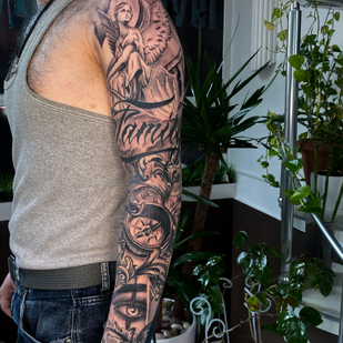 Male Black Chicano tattoo on Sleeve #93523 | Tattoo Artist Yuliya Kolesnikova