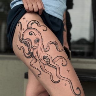 Female Black and Grey Author's Style tattoo on Thigh #95596 | Tattoo Artist Tonya | inkedwolfie