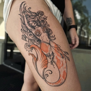 Female Color Illustrative tattoo on Thigh #95601 | Tattoo Artist Tonya | inkedwolfie