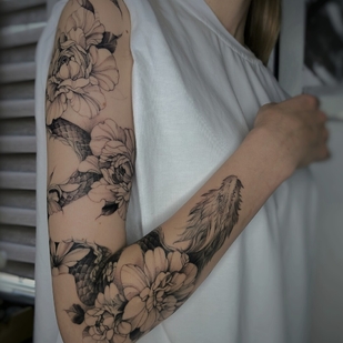Female Black and Grey Graphic tattoo on Sleeve #96151 | Tattoo Artist Smishko Leonid