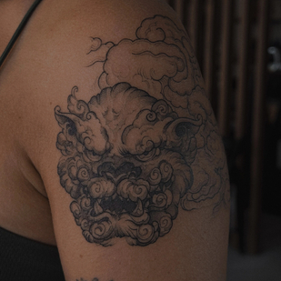 Female Black and Grey Graphic tattoo on Shoulder #96878 | Tattoo Artist Dariya Salmanova