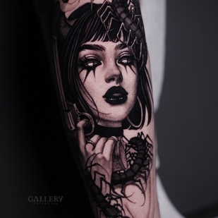 Male Black Graphic tattoo on Shin #100573 | Tattoo Artist Yavorskaya Anastasiya