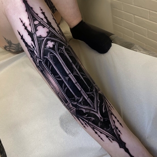 Female Black Blackwork tattoo on Shin #103243 | Tattoo Artist Julian Moth