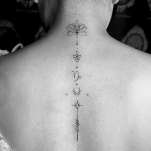 Female Black Fineline tattoo on Back #103432 | Tattoo Artist Valeriia Radchenko