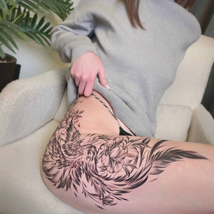 Female Black Graphic tattoo on Thigh #103487 | Tattoo Artist Sergey Petrov
