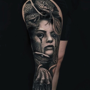 Female Black and Grey Realism tattoo on Leg #103838 | Tattoo Artist Marin Yordanov - Yordanov Arts