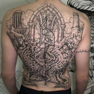 Male Black and Grey Graphic tattoo on Back #103536 | Tattoo Artist Roman Brumel