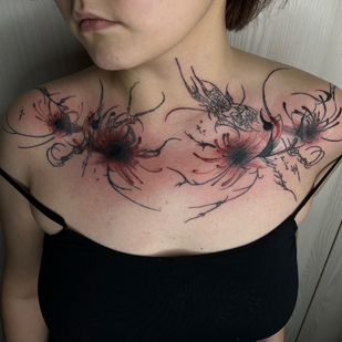 Female Color Abstract tattoo on Collarbone #104247 | Tattoo Artist Evgeniy Kolodkin