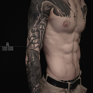 Male Black and Grey Graphic tattoo on Sleeve #94094 | Tattoo Artist ROMAN MIGURA