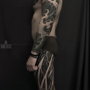 Male Black and Grey Japanese tattoo on Leg #96585 | Tattoo Artist ROMAN MIGURA