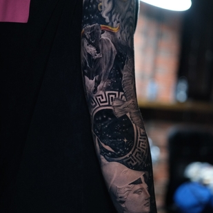 Black and Grey Realism tattoo on Sleeve #99549 | Tattoo Artist Kirill Antique