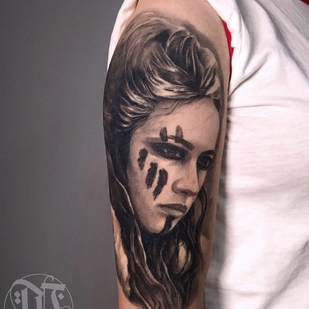 Female Black Portrait tattoo on Shoulder #93450 | Tattoo Artist Sasha Mezo