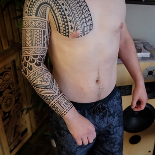 Male Black Polynesian tattoo on Sleeve #96543 | Tattoo Artist maksim kokin