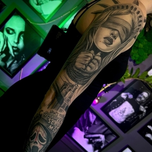 Female Black and Grey Horror tattoo on Sleeve #92596 | Tattoo Artist Master Margarita