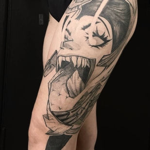 Female Black and Grey Graphic tattoo on Thigh #97897 | Tattoo Artist Matelenok Vyacheslav