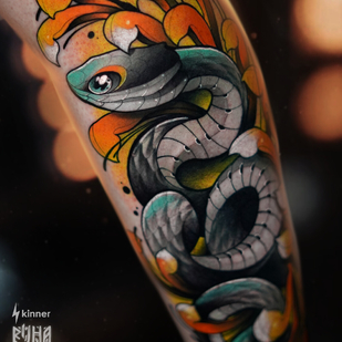 Female Color Neo-traditional tattoo on Shin #99759 | Tattoo Artist Dmitriy Klaud