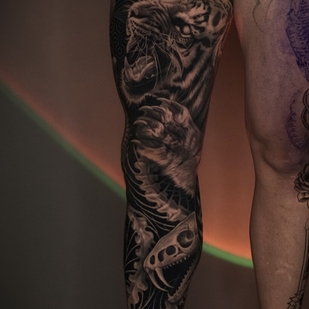 Male Black and Grey  tattoo on Leg #102839 | Tattoo Artist Aleksey Titov