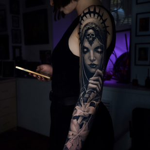 Female Black and Grey Realism tattoo on Sleeve #102711 | Tattoo Artist Anastasiya Yusupova CAT_KABUKI