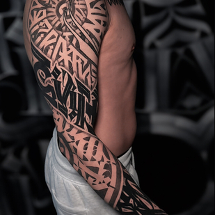 Male Black Lettering tattoo on Sleeve #102715 | Tattoo Artist Anton Lebedev