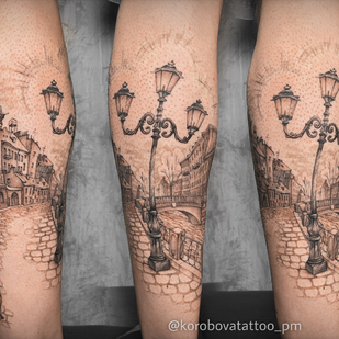 Male Black Graphic tattoo on Leg #95545 | Tattoo Artist Elena Korobova