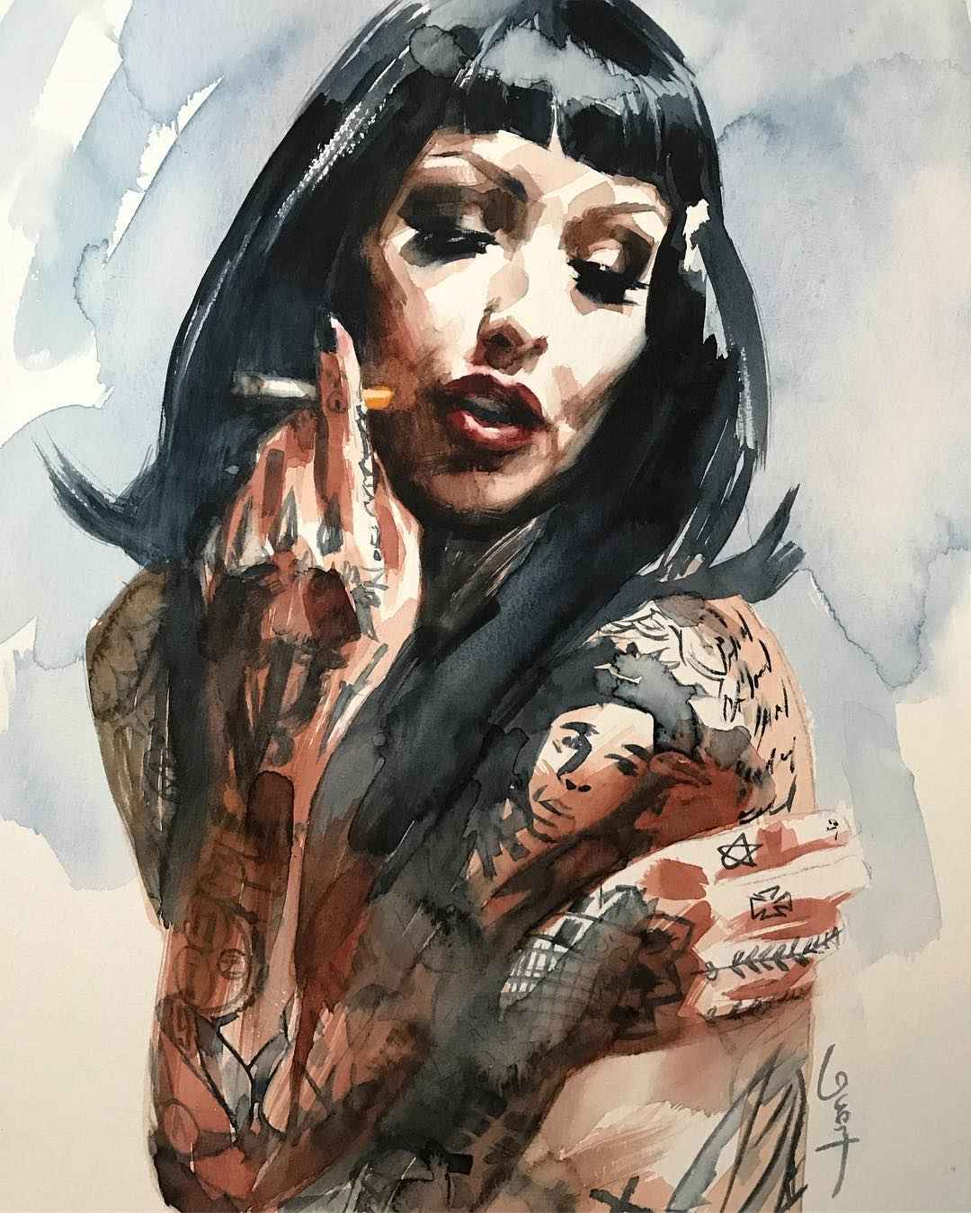The paintings of artist Chris Guest , Neo Pin-Up images with tattooed models | United Kingdom