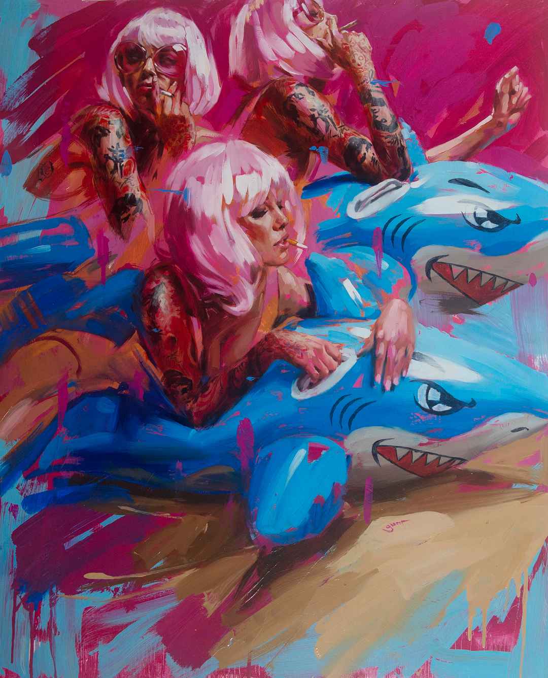 The paintings of artist Chris Guest , Neo Pin-Up images with tattooed models | United Kingdom