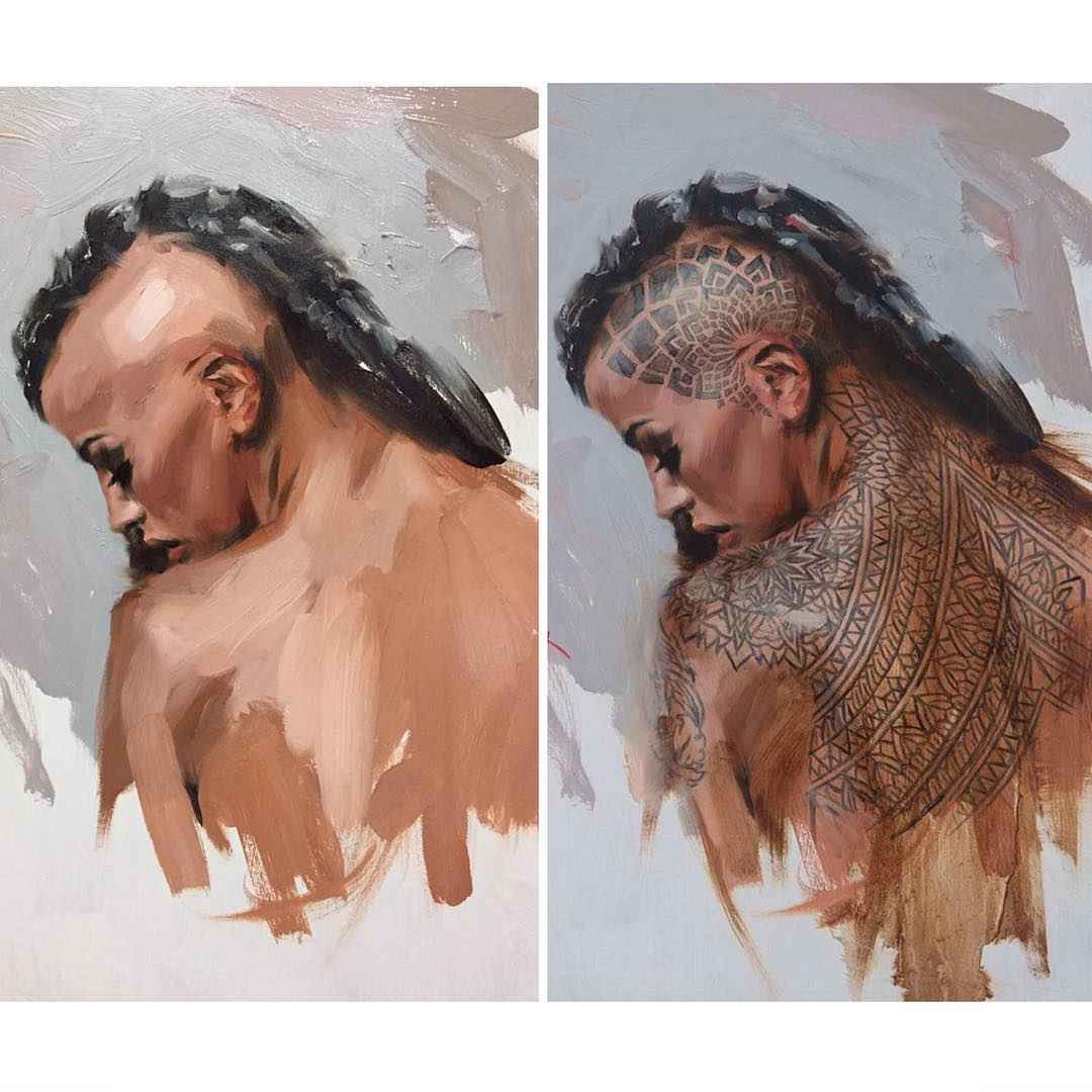 The paintings of artist Chris Guest , Neo Pin-Up images with tattooed models | United Kingdom