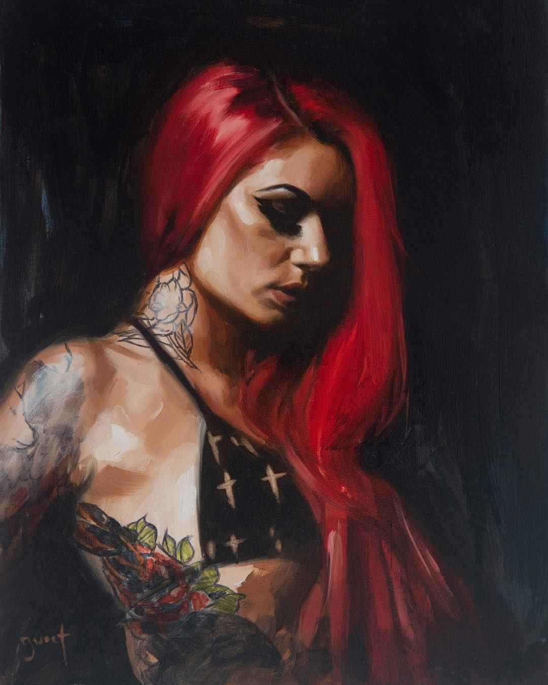 The paintings of artist Chris Guest , Neo Pin-Up images with tattooed models | United Kingdom